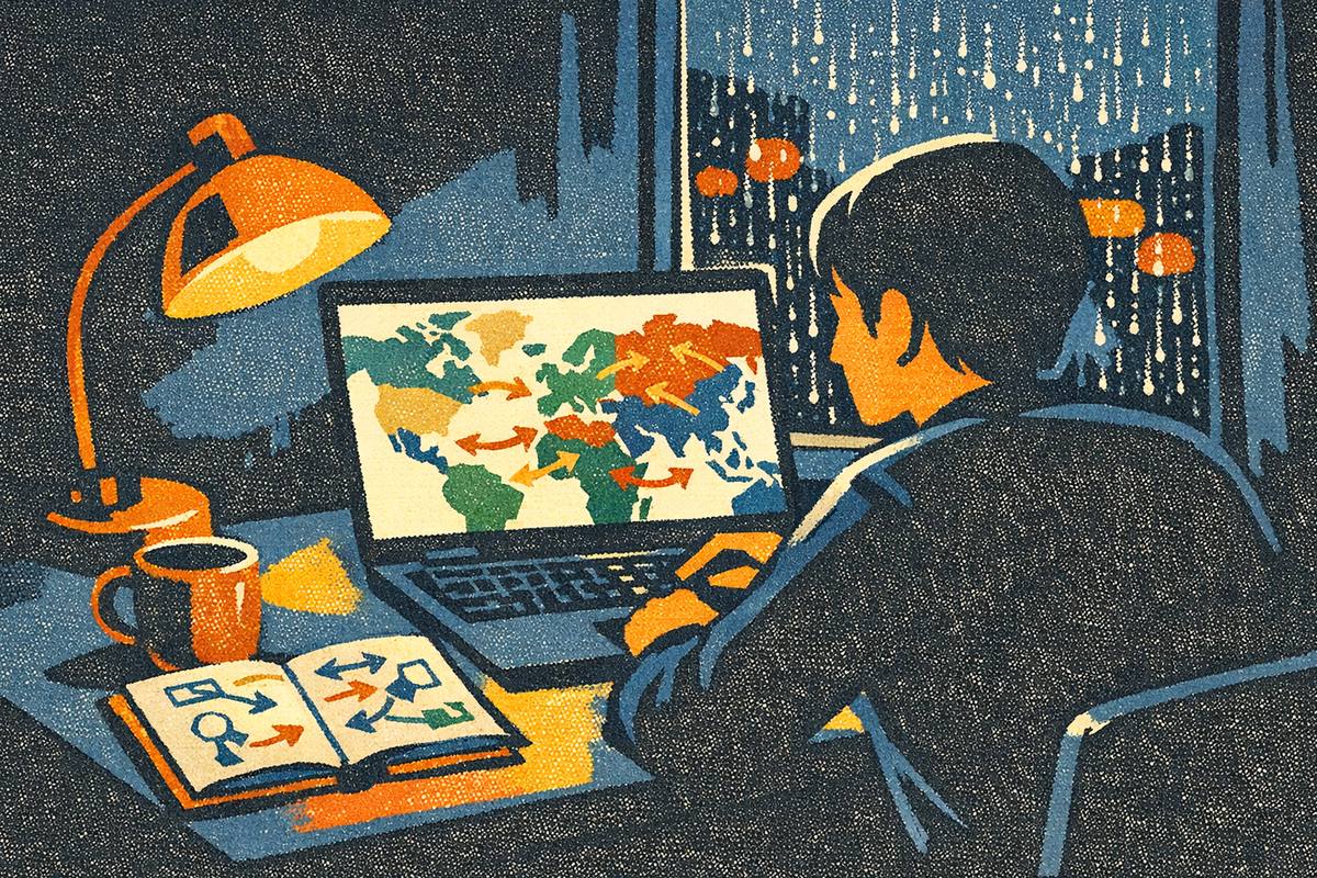 A person at a laptop showing a world map with arrows, a lamp, a mug and a notebook of planned moves, rain on the window