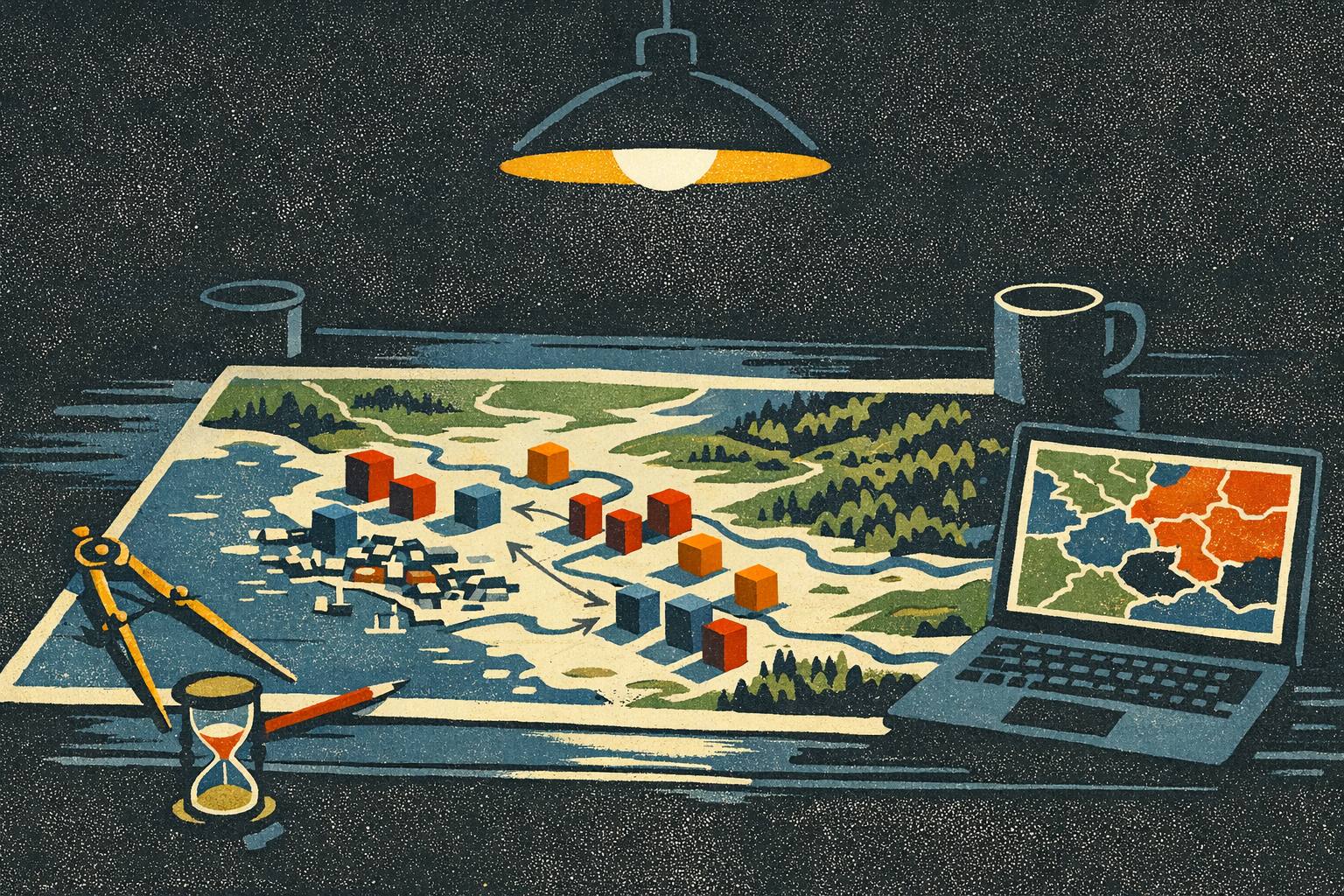 A paper campaign map on a table at night, with red and blue wooden blocks, an hourglass, dividers and a laptop showing a coloured map