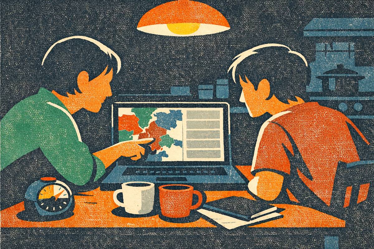 An adult and a teenager at a kitchen table looking at a laptop with a territory map and a chat panel, the adult pointing